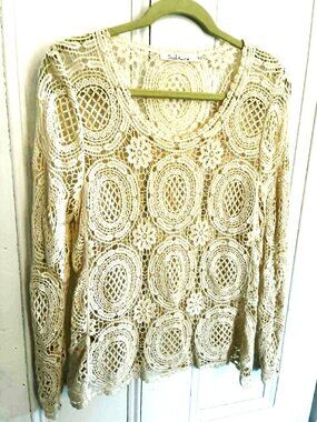 Solitaire Crochet Lace Top – Ivory/Cream – Boho Sheer Layer – Size M